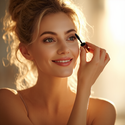 A young woman smiling while applying mascara, highlighting her flawless skin and bright eyes. Perfect for showcasing eye care and beauty products.