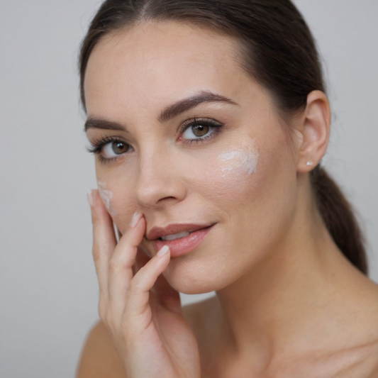 Smiling woman gently applying skincare products to her face, showcasing the benefits of toners, moisturizers, and beauty tools.