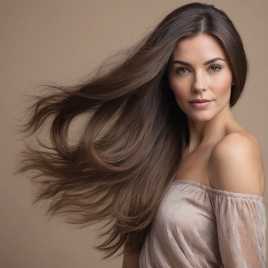 A close-up of a beautiful woman with long, healthy, flowing brown hair. Her off-shoulder blouse and gentle smile emphasize her natural beauty, while the soft background creates a warm and inviting atmosphere.