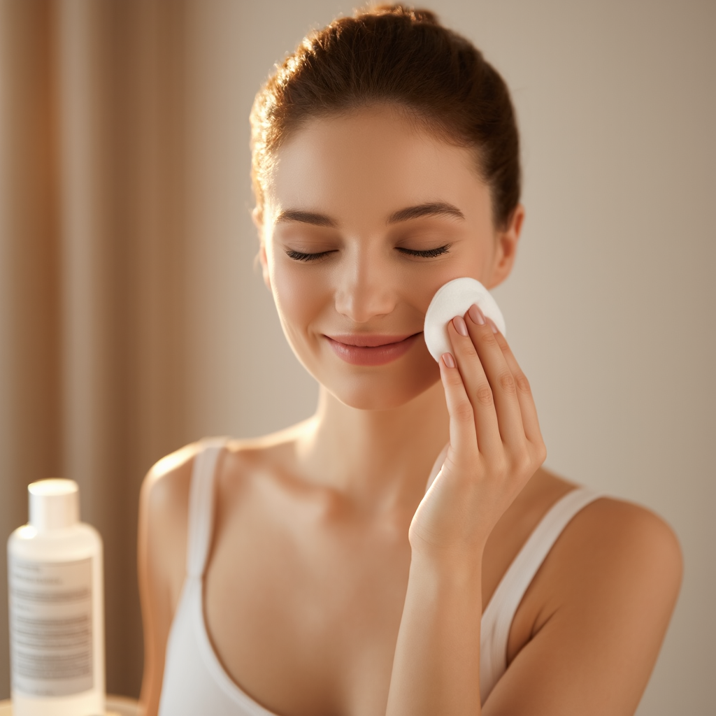 A young European woman smiling while applying face toner with a cotton pad.