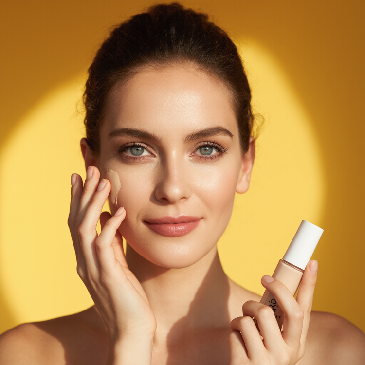 Smiling European woman applying foundation with a vibrant yellow background