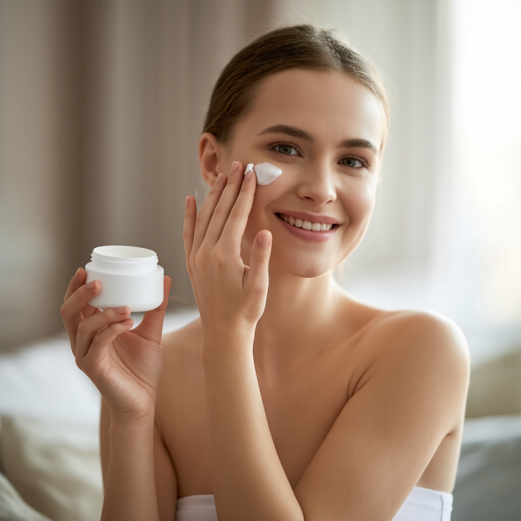 Young woman applying face cream, smiling, with glowing skin.