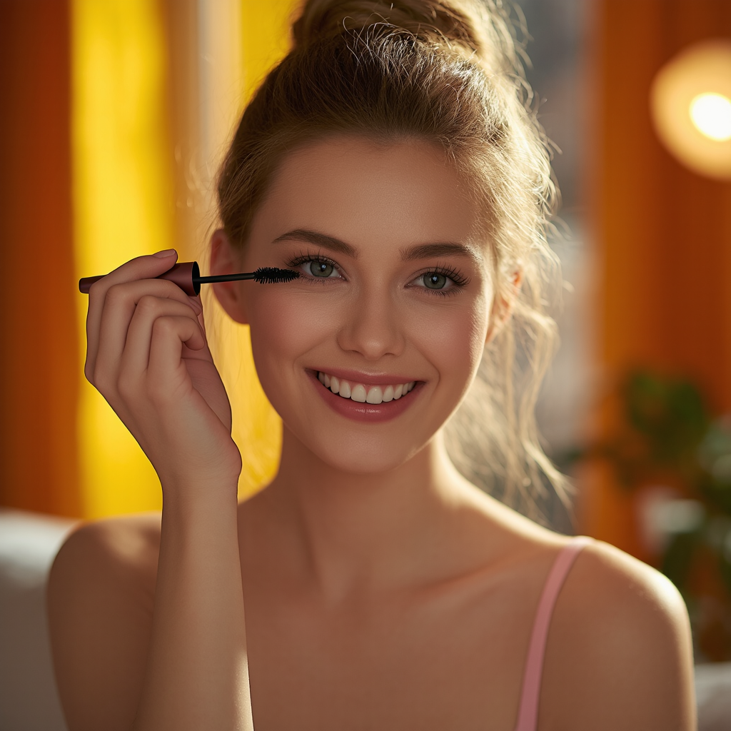 Smiling young European woman applying mascara in a cozy, well-lit room